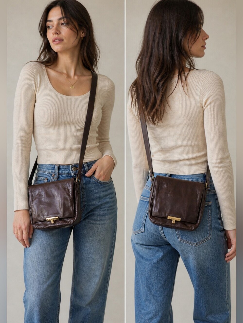 Vintage Perlina NY Brown Leather Crossbody Messenger Bag Gold Hardware
